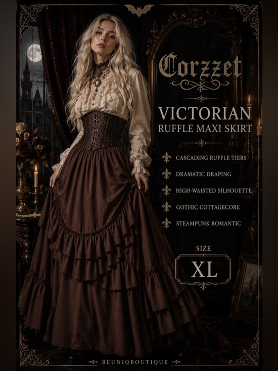 Corzzet Dresses & Skirts - Brown Victorian Ruffle Maxi Skirt Gothic Steampunk Cottagecore XL